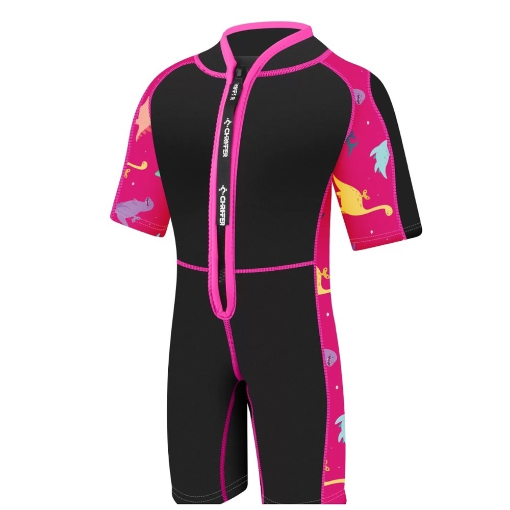 Chriffer Kids Wetsuit Size Large Pink/Black Dino Print Details Short Sleeve Girl